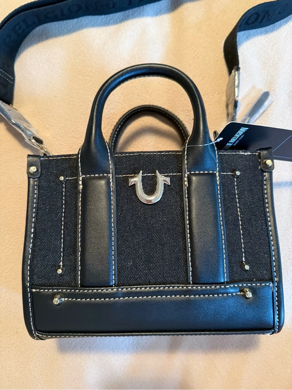 NWOT!  TRUE RELIGION Structured Black Denim Logo Crossbody Mini Tote